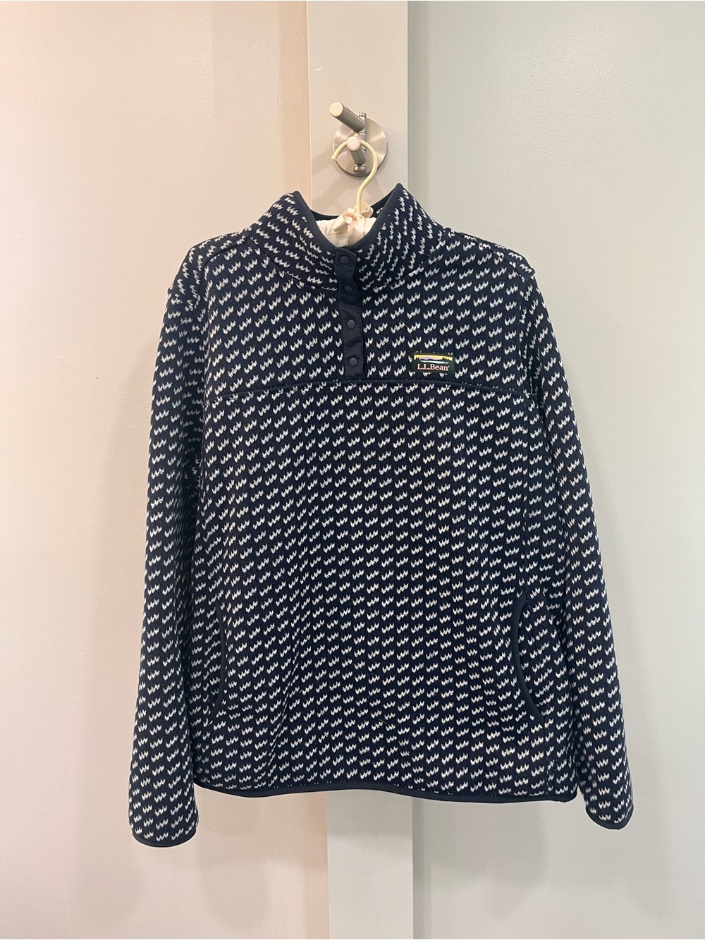 LL Bean Sweater Fleece Pullover, navy and white print